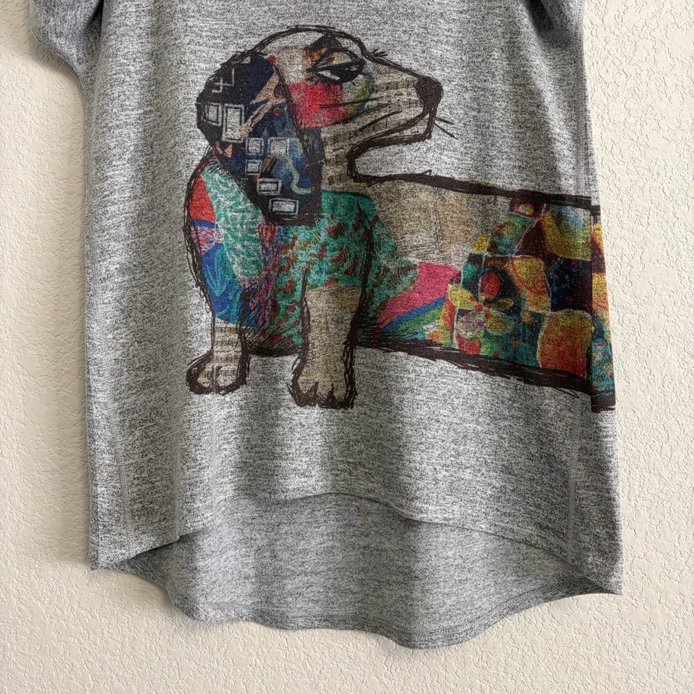 Inoah Sweater Top Womens M Graphic Dapper Dog Split Vneck Hi Lo Dachshund Gray - Picture 8 of 13